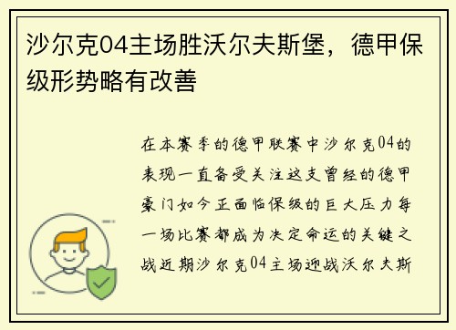 沙尔克04主场胜沃尔夫斯堡，德甲保级形势略有改善