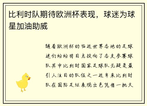 比利时队期待欧洲杯表现，球迷为球星加油助威