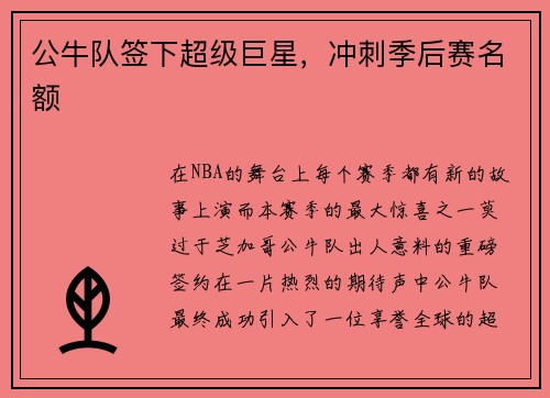 公牛队签下超级巨星，冲刺季后赛名额