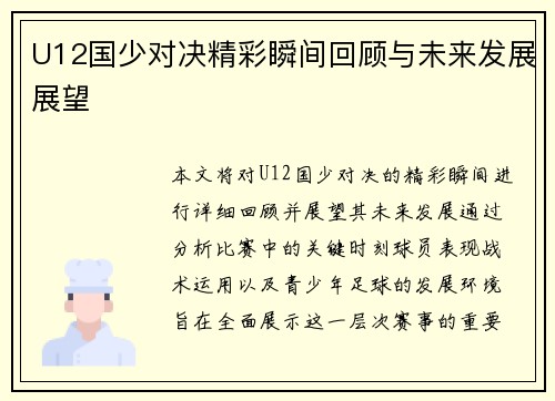 U12国少对决精彩瞬间回顾与未来发展展望