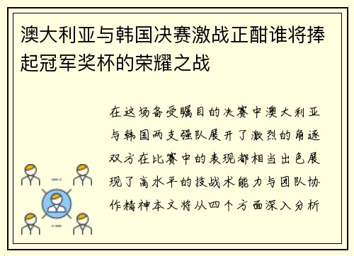 澳大利亚与韩国决赛激战正酣谁将捧起冠军奖杯的荣耀之战