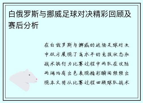 白俄罗斯与挪威足球对决精彩回顾及赛后分析