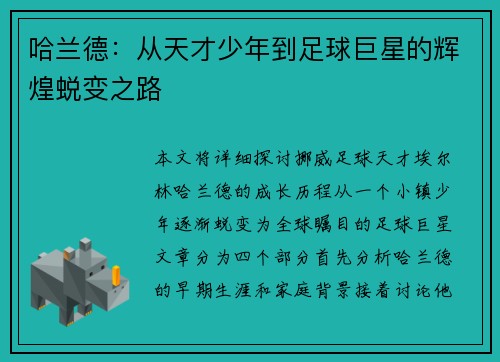 哈兰德：从天才少年到足球巨星的辉煌蜕变之路