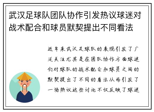 武汉足球队团队协作引发热议球迷对战术配合和球员默契提出不同看法
