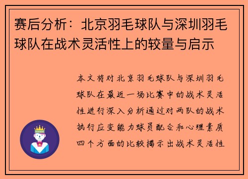 赛后分析：北京羽毛球队与深圳羽毛球队在战术灵活性上的较量与启示